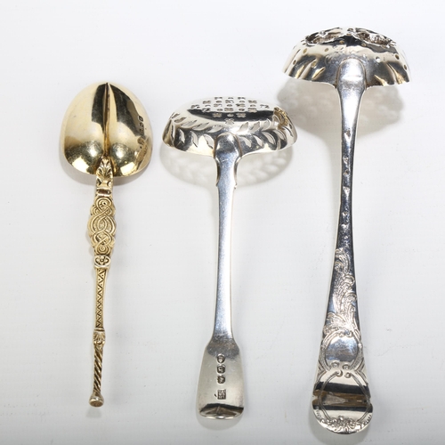 1671 - 3 Antique silver spoons, comprising George III berry sifter spoon, George III Fiddle sifter spoon, a... 