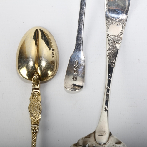 1671 - 3 Antique silver spoons, comprising George III berry sifter spoon, George III Fiddle sifter spoon, a... 