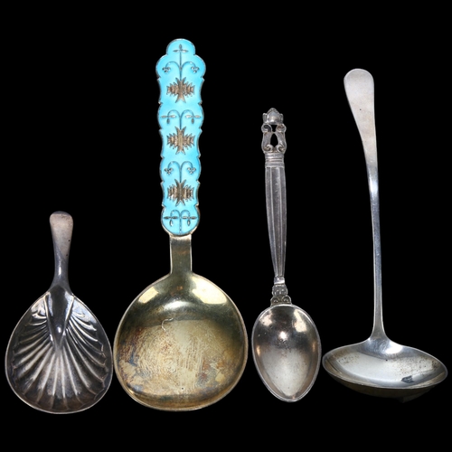 1677 - 4 silver spoons, including George III tea caddy spoon, Georg Jensen Danish Kongens coffee spoon, Tos... 