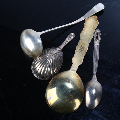 1677 - 4 silver spoons, including George III tea caddy spoon, Georg Jensen Danish Kongens coffee spoon, Tos... 