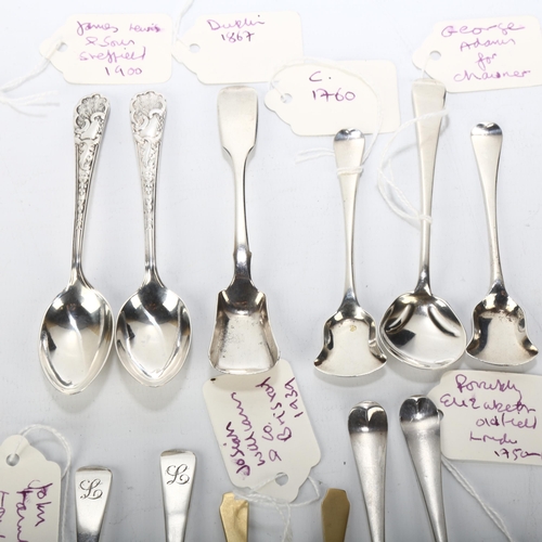 1685 - A group of Antique silver spoons, including 18th century shovel salt spoons, Irish Fiddle shovel, et... 