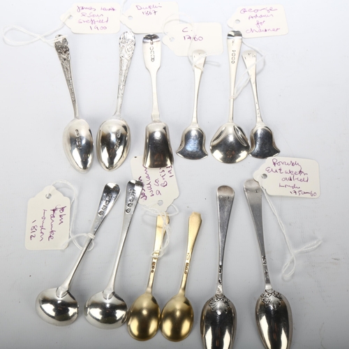 1685 - A group of Antique silver spoons, including 18th century shovel salt spoons, Irish Fiddle shovel, et... 