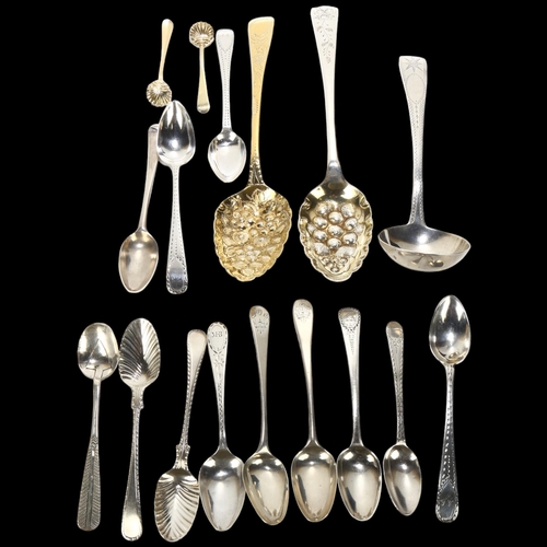 1688 - A group of Antique silver flatware, including George IV silver-gilt berry spoon, shell salt spoon, e... 