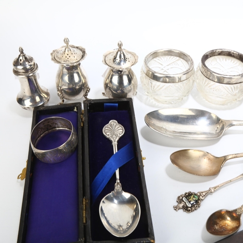 1695 - Various silver, including 18th century spoon, cruets, souvenir spoons etc