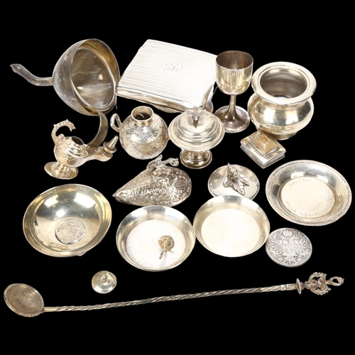 1697 - Various silver and white metal, including cigarette box, Egyptian miniature oil lamp, 1780 coin, etc