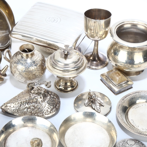 1697 - Various silver and white metal, including cigarette box, Egyptian miniature oil lamp, 1780 coin, etc