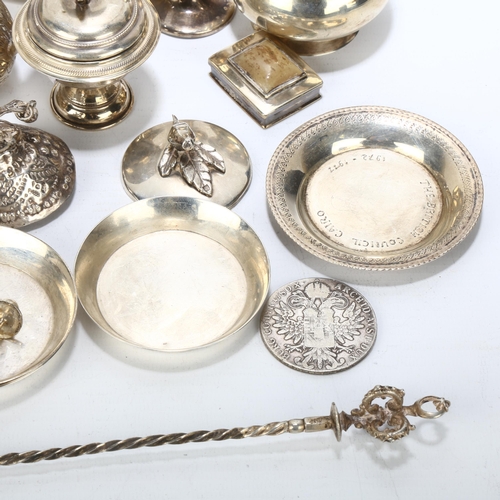 1697 - Various silver and white metal, including cigarette box, Egyptian miniature oil lamp, 1780 coin, etc