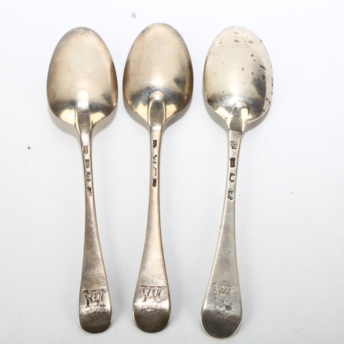 1700 - 3 x 18th century silver Old English pattern spoons, makers include Edward Bennett I, and Ebenezer Co... 