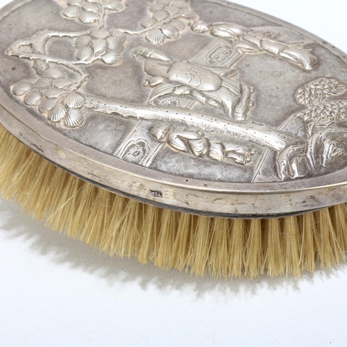 1708 - A Chinese export white metal dressing table hair brush, maker WSL, 25.5cm