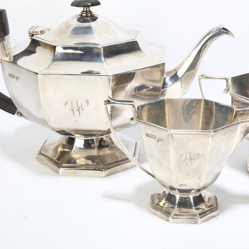 1715 - A George V silver 3-piece tea set, Walker & Hall, Sheffield 1915, comprising teapot, 2 handled sugar... 