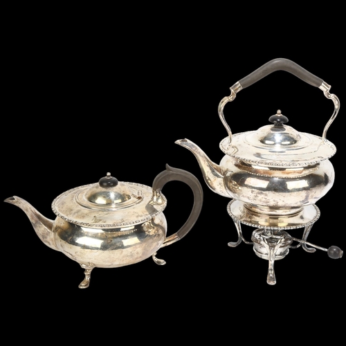 1716 - An Edwardian silver 2 piece tea set, Atkin Brothers, Sheffield 1909, comprising spirit kettle on bur... 