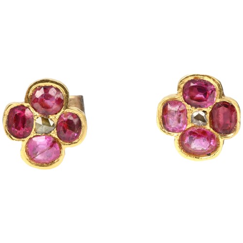 1137 - A pair of Antique ruby and diamond quatrefoil earrings, set with oval-cut rubies and rose-cut diamon... 