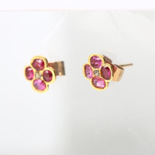 1137 - A pair of Antique ruby and diamond quatrefoil earrings, set with oval-cut rubies and rose-cut diamon... 