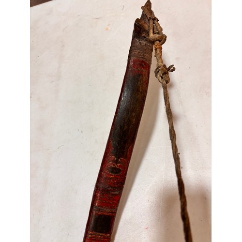 94 - A traditional Mongolian bow,  wood construction with painted chevron detail and leather strapping, l... 