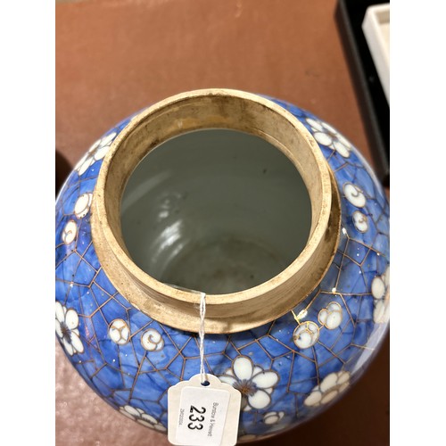 233 - Pair of Chinese blue and white porcelain jars and covers, with gilded decoration, height 25cm