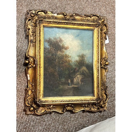 595 - Figure by a thatched cottage, 19th century oil on wood panel, unsigned, 22cm x 17cm, framed and glaz... 