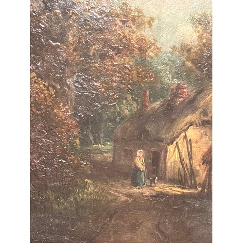 595 - Figure by a thatched cottage, 19th century oil on wood panel, unsigned, 22cm x 17cm, framed and glaz... 