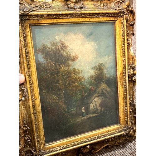 595 - Figure by a thatched cottage, 19th century oil on wood panel, unsigned, 22cm x 17cm, framed and glaz... 