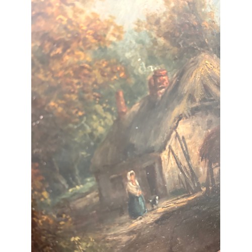 595 - Figure by a thatched cottage, 19th century oil on wood panel, unsigned, 22cm x 17cm, framed and glaz... 