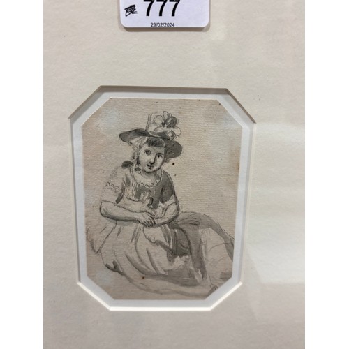 777 - Paul Sandby RA (1725 - 1809), study of a girl, grey wash on paper, 10.5cm x 7.5cm, framed