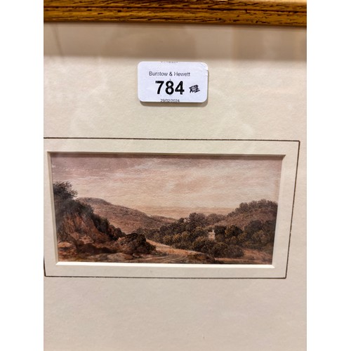 784 - John Glover (1767 - 1849), landscape watercolour, 7cm x 13.5cm, framed, provenance: Abbott & Holder ... 