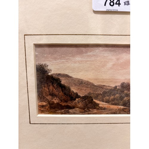 784 - John Glover (1767 - 1849), landscape watercolour, 7cm x 13.5cm, framed, provenance: Abbott & Holder ... 