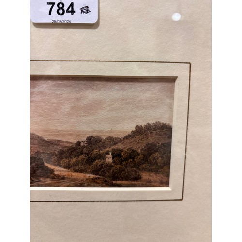 784 - John Glover (1767 - 1849), landscape watercolour, 7cm x 13.5cm, framed, provenance: Abbott & Holder ... 