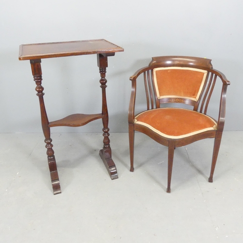 2683 - An Edwardian mahogany and satinwood strung upholstered parlour chair, and a two-tier lamp table. 51x... 