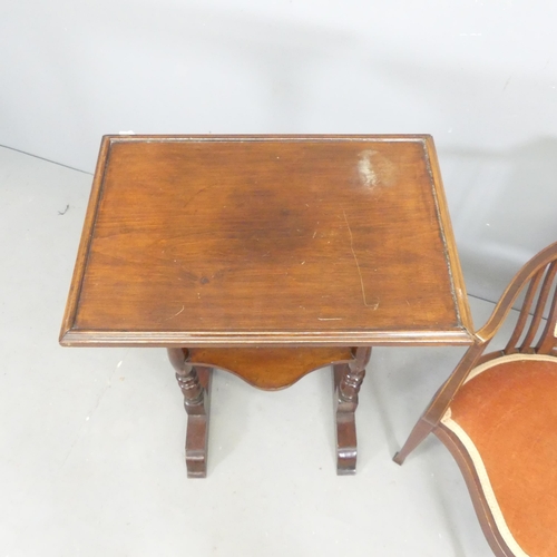 2683 - An Edwardian mahogany and satinwood strung upholstered parlour chair, and a two-tier lamp table. 51x... 