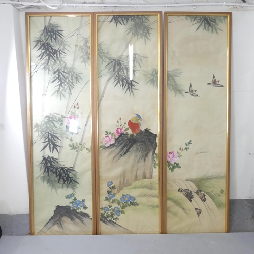 2687 - An oriental triptych, water colour on silk with gilt frames. Each panel 55x188cm.