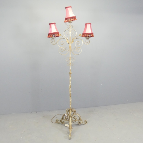 2690 - A mid-century Hollywood Regency wrought iron standard lamp with LED bulbs. Height to highest bayonet... 