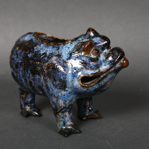 158 - A Grotesque three-legged ceramic toad, in the style of Burmantofts, unmarked, length 18cm.