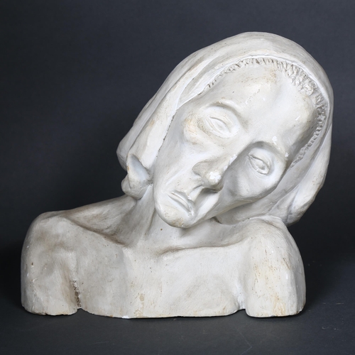 171 - A plaster bust of a forlorn lady, incised Angela Jan 1958, height 18.5cm.