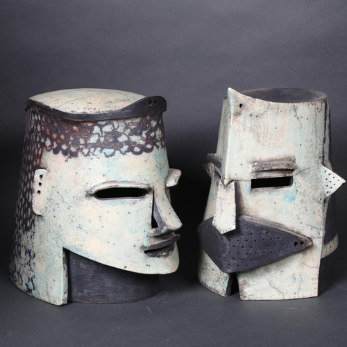 185 - Helene van Dongen (Netherlands b.1948), a pair of brutalist Raku sculptures, male and female warrior... 