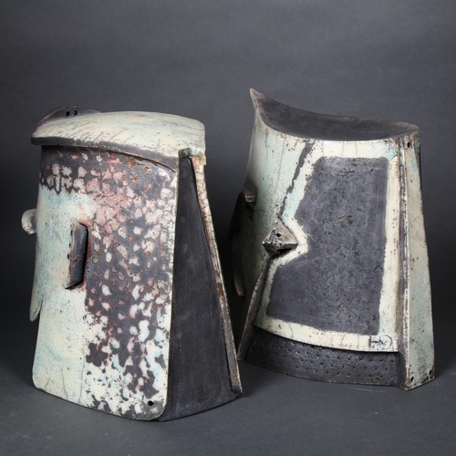 185 - Helene van Dongen (Netherlands b.1948), a pair of brutalist Raku sculptures, male and female warrior... 