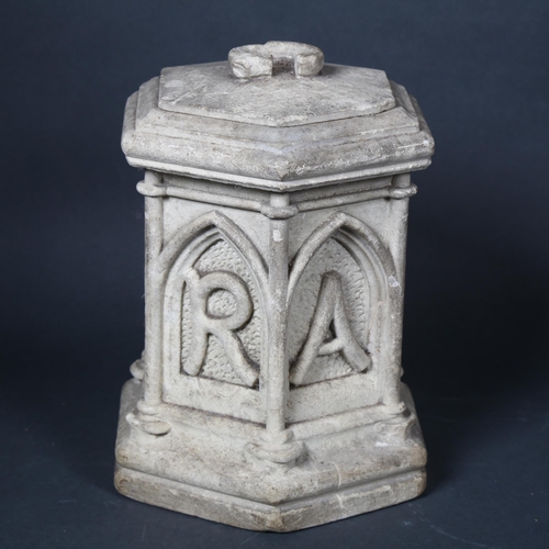 204 - An Antique plaster burial casket, embossed with letters and lid, height 21cm.