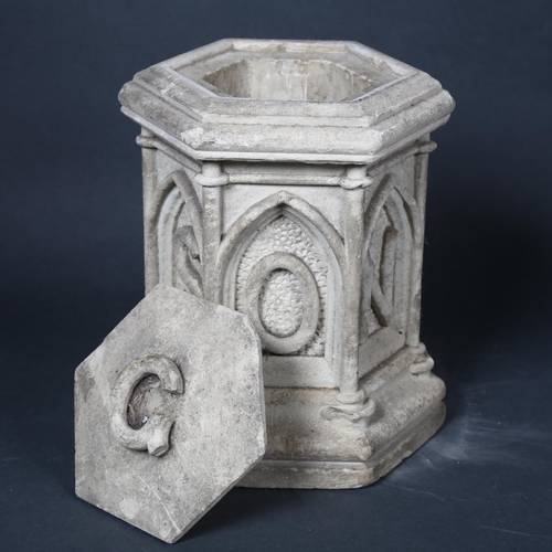 204 - An Antique plaster burial casket, embossed with letters and lid, height 21cm.