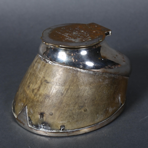 321 - GREAT WAR INTEREST - a silver plated mounted horse hoof inkwell, lid engraved 