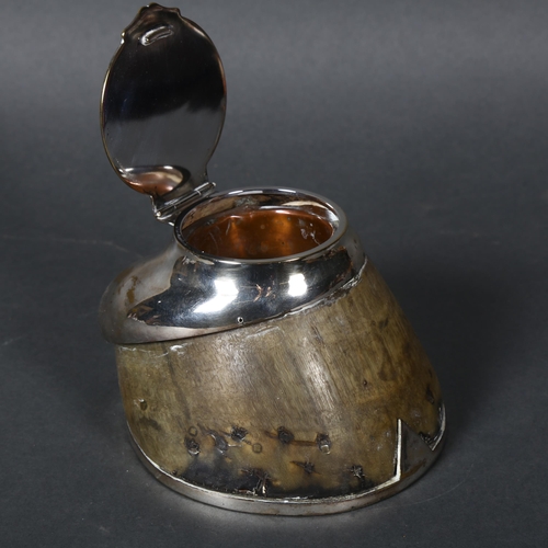 321 - GREAT WAR INTEREST - a silver plated mounted horse hoof inkwell, lid engraved 