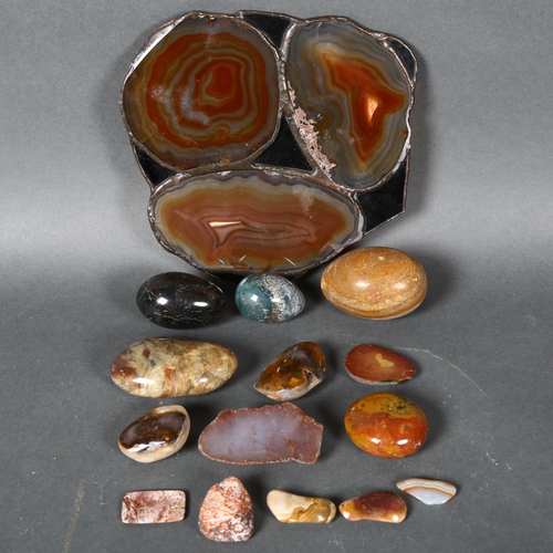 356 - A collection of various agates and polished stones, agate panel diameter is 19cm.