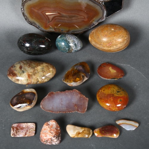 356 - A collection of various agates and polished stones, agate panel diameter is 19cm.