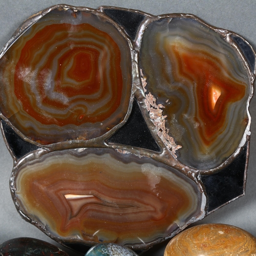 356 - A collection of various agates and polished stones, agate panel diameter is 19cm.