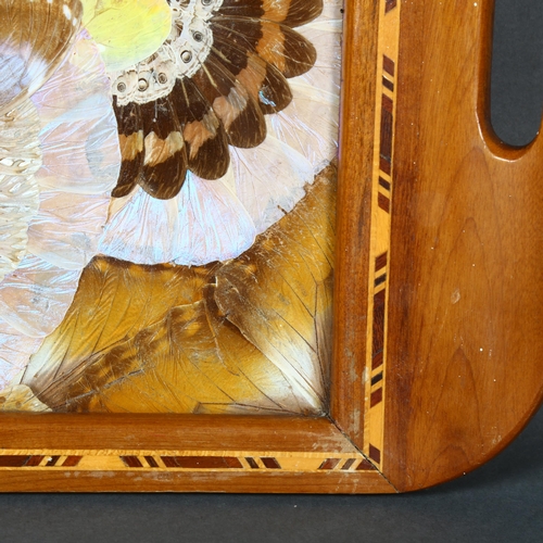 446 - A vintage butterfly wing two handled tray, with marquetry decoration, width 47cm.