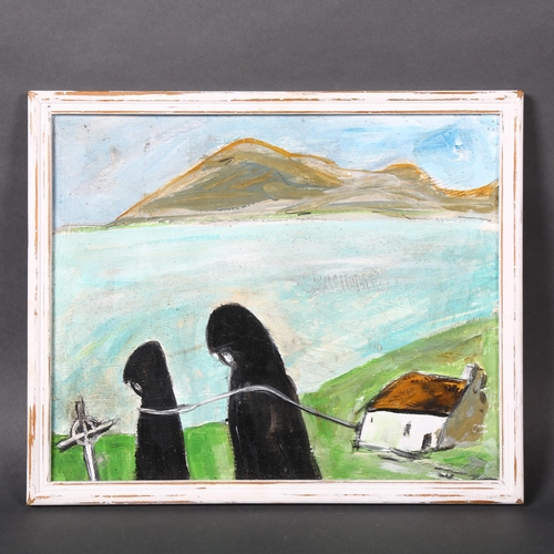 454 - Contemporary Irish School, monks on the foreshore, Co Mayo, unsigned, 29cm x 36cm, framed