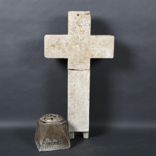 466 - Curiosity / Macabre - a Grave marker cross and In Loving Memory flower memorial marker. The vintage ... 