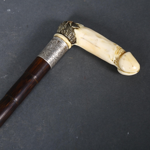 502 - Novelty Erotic Penis Walking Stick Cane, circa 1938. The handle carved from hippo tusk, in the form ... 