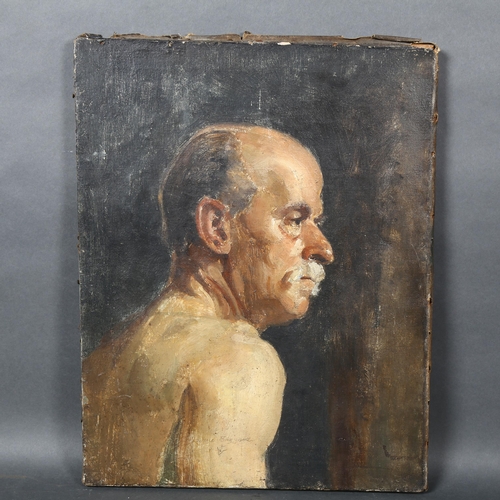 509 - An antique oil on canvas, portrait of a naked gentleman, indistinctly signed, gentleman's right shou... 