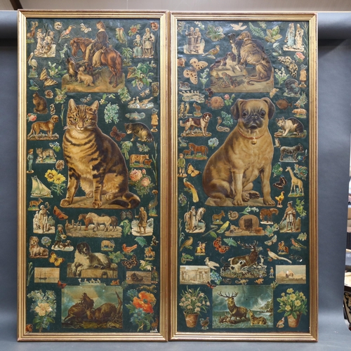 510 - A pair of vintage decoupage decorated panels, scraps from a Victorian scrapbook, depicting dogs, cat... 