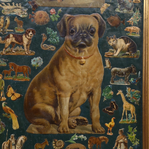 510 - A pair of vintage decoupage decorated panels, scraps from a Victorian scrapbook, depicting dogs, cat... 