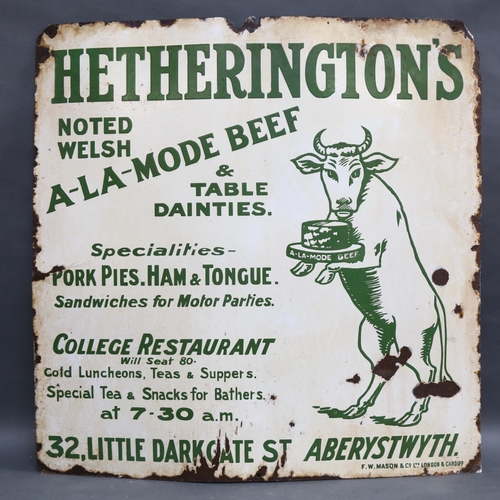 511 - An early 20th century white and green enamel advertising sign for Hetherington's College Restaurant,... 